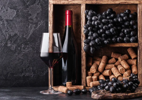 一瓶红葡萄酒，内有深色葡萄和软木塞，内有复古的woo — 图库照片