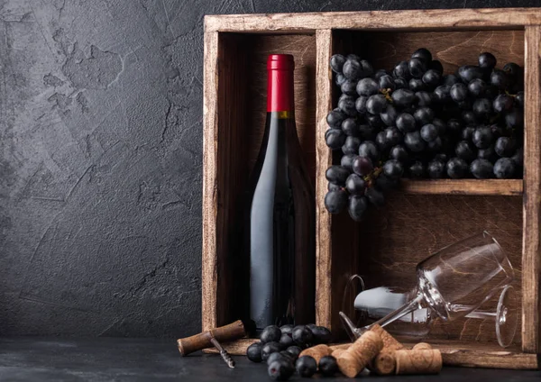 Fles rode wijn en lege glazen met donkere druiven binnen Vintage houten kist op zwarte stenen achtergrond. Kurken en corkscrew op zwart bord. Natuurlijk licht — Stockfoto