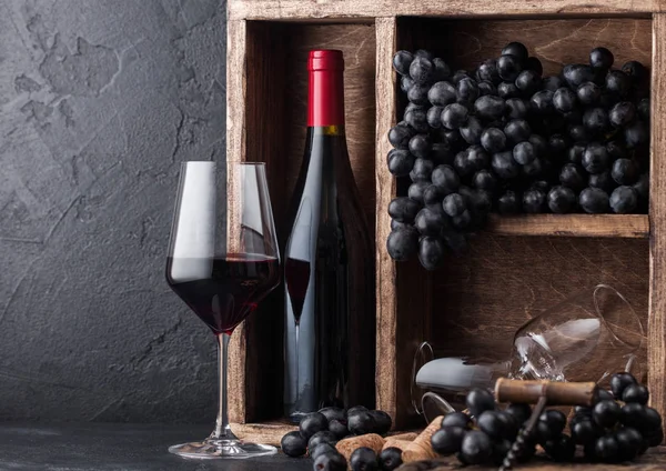 Fles rode wijn met donkere druiven binnen Vintage houten kist op zwarte stenen achtergrond. Elegant wijn glas met kurken en corkscrew op zwart bord. Natuurlijk licht — Stockfoto