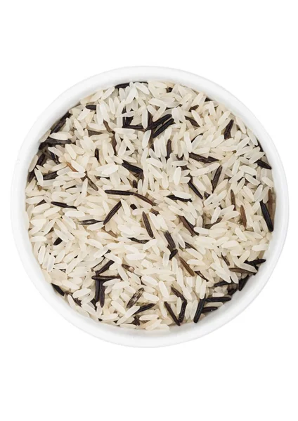 White bowl of raw organic basmati long grain and wild rice on white background. Healthy food. — Stock Photo, Image