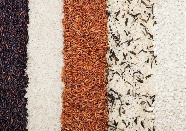 Venere nera biologica fresca e riso rosso, basmati a grani lunghi e riso selvatico.Cibo sano.Macro texture — Foto Stock