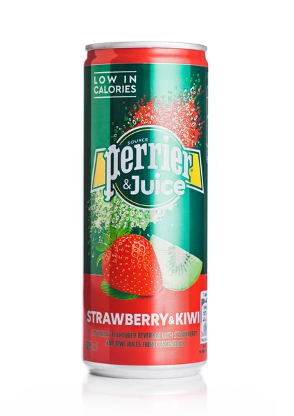 LONDON, UK - MAY 29, 2019: Aluminium can of Perrier and Juice wi — Stock Photo, Image