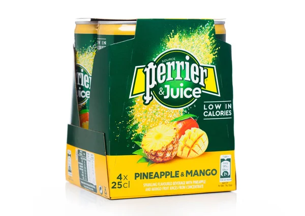 LONDON, UK - MAY 29, 2019: Pack of Perrier and Juice with pineapple and mango flavour on white background. — Stock Photo, Image