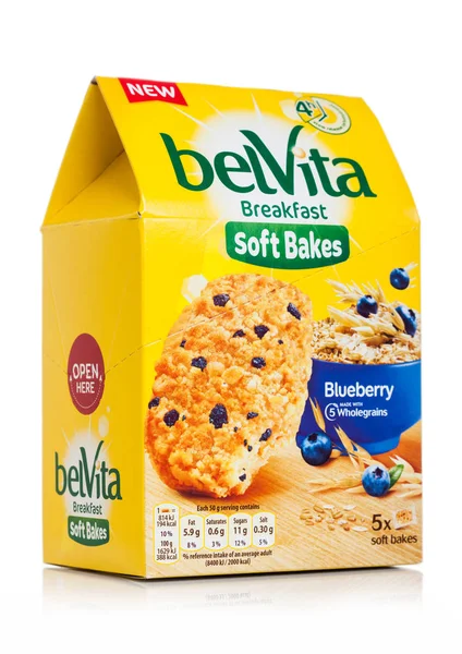 LONDON, UK - MAY 29, 2019: Pack of Belvita Breakfast soft bakes cookies with blueberries on white background. — Stock Photo, Image