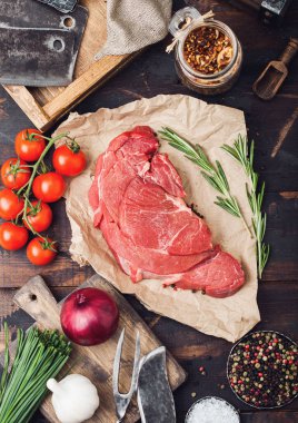 Fresh raw organic slice of braising steak fillet on butchers pap clipart