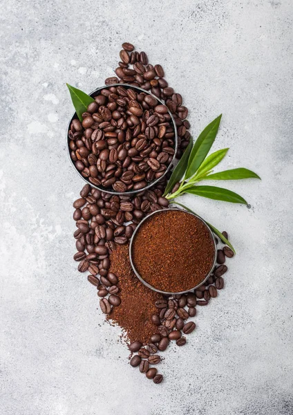 Свежий сырой органический кофе в зернах с молотым порошком и листья дерева кофе на светлом фоне кухонного стола . — стоковое фото