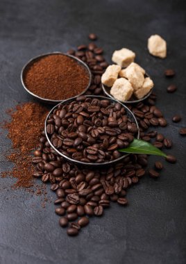 Zemin tozu ve siyah arka plan üzerinde kahve trea yaprağı ile şeker kamışı küpleri ile taze çiğ organik kahve çekirdekleri.