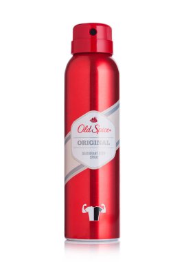 Londra, İngiltere - 29 Ağustos 2019: Eski baharat orijinal deodorant vücut spreyi beyaz.
