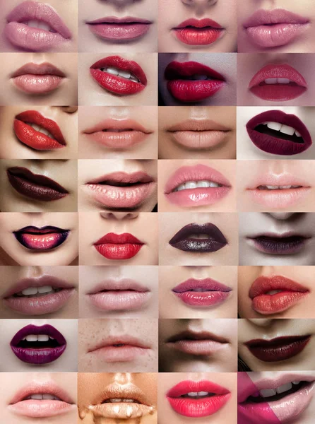 Collage labios close-up belleza diferente lápiz labial — Foto de Stock