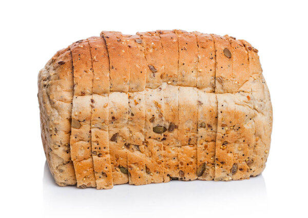 Fresh loaf of seeded bread on white background. Traditional bakery heritage.