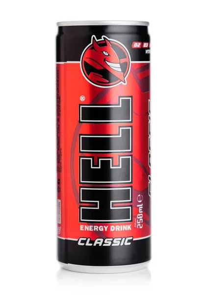 LONDON, UK - OCTOBER 10, 2019: Aluminium can of HELL classic energy drink on white background. — Stock Photo, Image