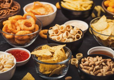 Fıstık, patlamış mısır ve soğan halkaları ve siyah arka planda kase plakaları tuzlu kraker ile tüm klasik patates atıştırmalıkları. Cips ve patates cipsi, nachos ve peynir topları ile cipsler ile Twirls.