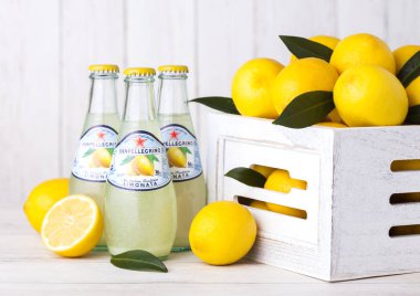 LONDON, UK - APRIL 27, 2018: Glass bottles of San Pellegrino spa