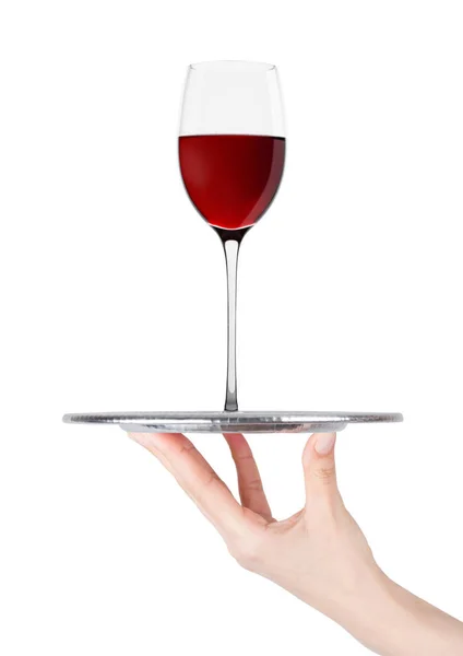 Porte-main plateau avec verre à vin rouge sur blanc — Photo