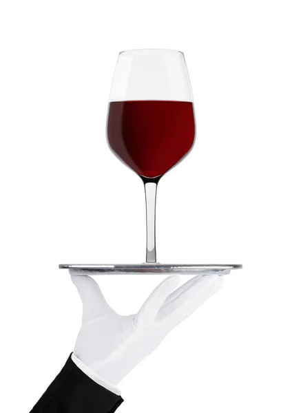 Main avec porte-gant plateau avec verre à vin rouge — Photo