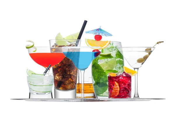 Dienblad Met Diverse Cocktails Met Ijs Geïsoleerd Witte Achtergrond Blauwe — Stockfoto
