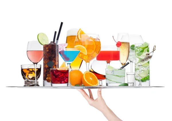 Handschale Mit Verschiedenen Cocktails Mit Eis Isoliert Auf Weißem Hintergrund — Stockfoto