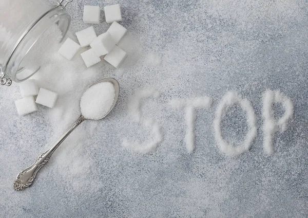 Glass Jar Natural White Refined Sugar Cubes Silver Spoon Light — Stock Photo, Image