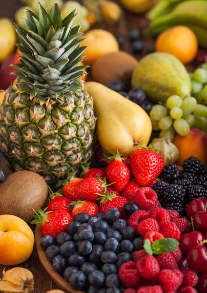 Fresh Organic Summer Berries Mix Wooden Tray Exotic Fruits Wooden — Stock Photo, Image