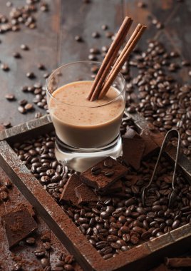 Tarçınlı kristal bardak İrlanda kremalı baileys likörü, kahve çekirdekleri ve koyu ahşap arka planda tahta tepside koyu çikolatalı toz. Üst görünüm