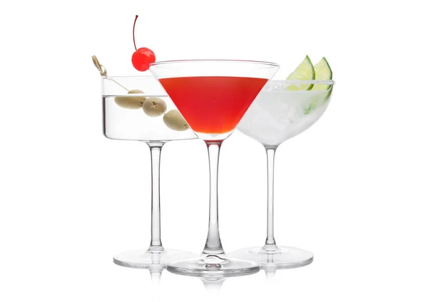 Cosmopolitan Wodka Martini Und Margarita Cocktails Klassischen Kristallgläsern Mit Rosa — Stockfoto