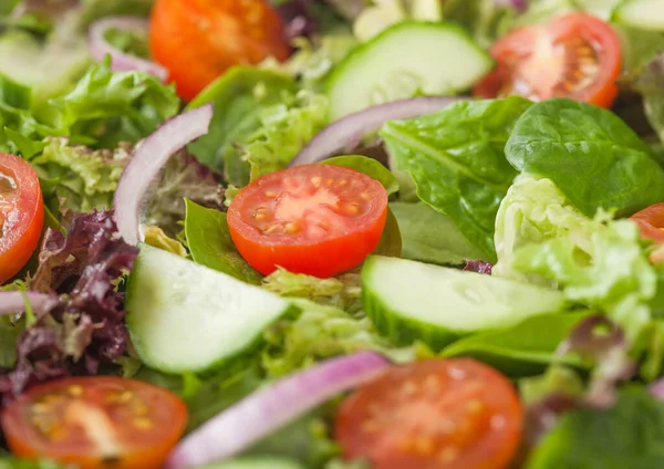 Verse Gezonde Vegetarische Groentesalade Met Tomaten Komkommer Rode Spinazie Close — Stockfoto