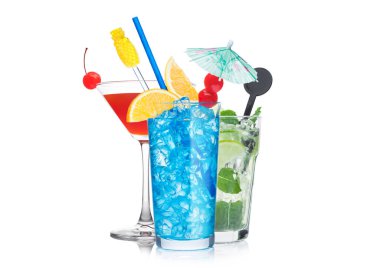 Blue lagoon, cosmopolitan and mojito cocktails glasses with straw and orange slice with sweet cherry and umbrella on white background. clipart