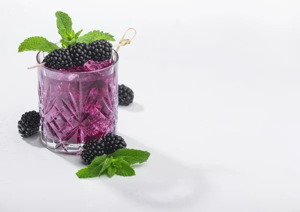 Glass Refreshing Summer Cocktail Blackberry Ice Mint White Background Soda — Stock Photo, Image