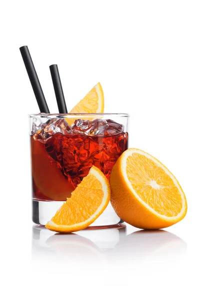 Negroni Cocktail Modern Glass Ice Cubes Orange Slices Straw Half — Stock Photo, Image