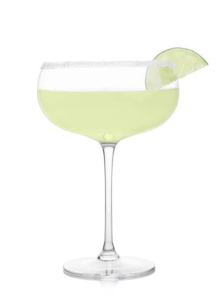 Bicchiere Cristallo Lusso Cocktail Margarita Con Fetta Lime Fresca Sfondo — Foto Stock