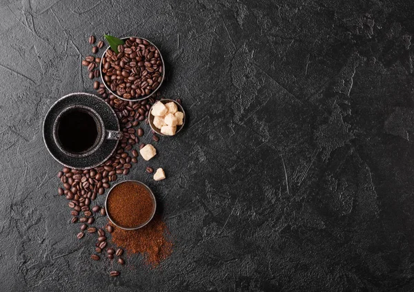 Cup Fresh Raw Organic Coffee Beans Ground Powder Cane Sugar — Stock Photo, Image