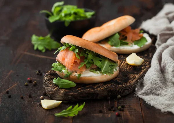 Organic Healthy Sandwiches Salmon Bagel Cream Cheese Wild Rocket Lemon — Stock Photo, Image