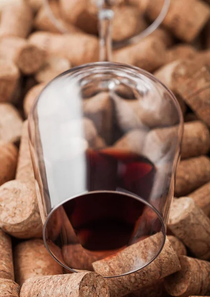 Çeşitli Şarap Mantarlarının Üstüne Bir Şişe Kırmızı Şarap Makro — Stok fotoğraf