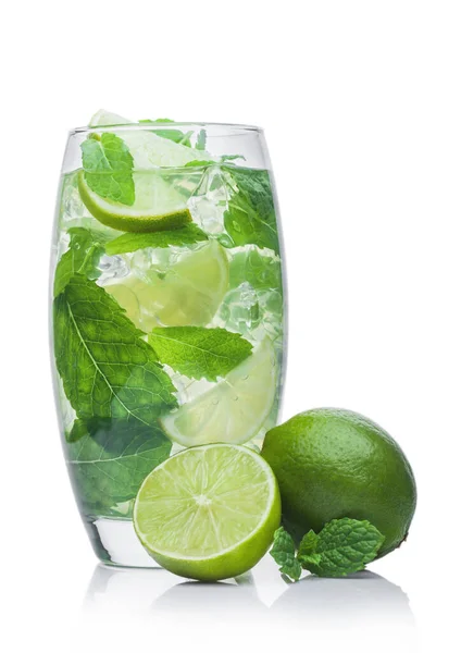 Glass Mojito Summer Alcoholic Cocktail Ice Cubes Mint Lime White — Stock Photo, Image