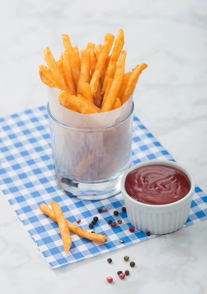 French Fries Potato Chips Glass Tomato Ketchup Pepper Blue Restaurant — Stock Photo, Image