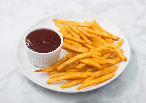 French Fries Chips Tomato Ketchup White Plate White Marble Table — Stock Photo, Image