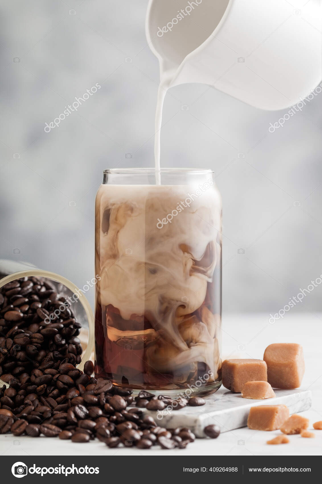 Pouring Milk Glass Iced Black Coffee Glass Jar Coffee Beans