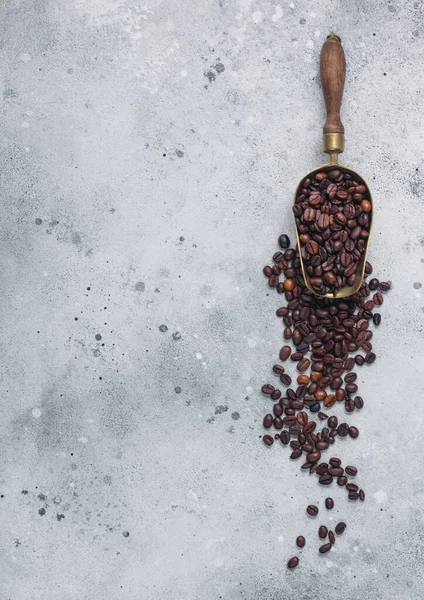 Vintage Steel Scoop Fresh Raw Organic Coffee Beans Light Table — Stock Photo, Image