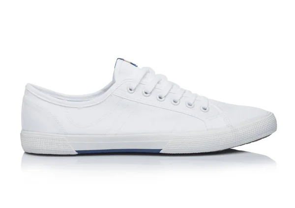 Белые Джинсы Ткань Человек Кроссовки Обувь Белом Фоне Отражением — стоковое фото