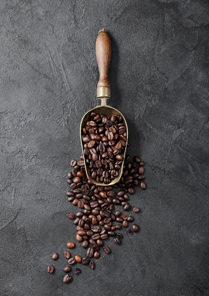 Fresh Raw Organic Coffee Beans Vintage Steel Scoop Black Background — Stock Photo, Image