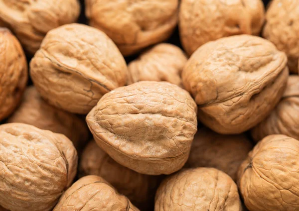 Raw Healthy Shell Walnut Nuts Top View Macro Background — Stock Photo, Image