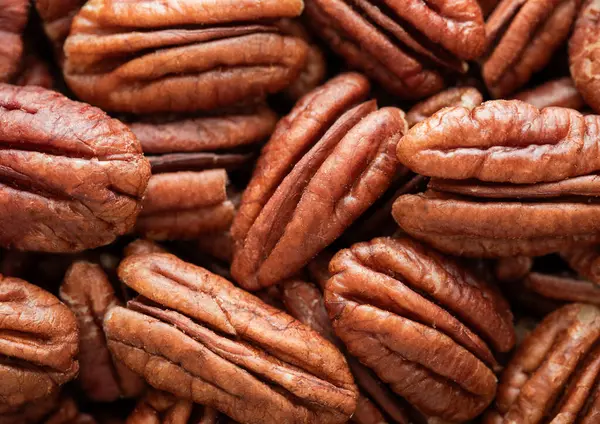 Raw Peeled Brown Pecan Nuts Top View Macro Background — Stock Photo, Image