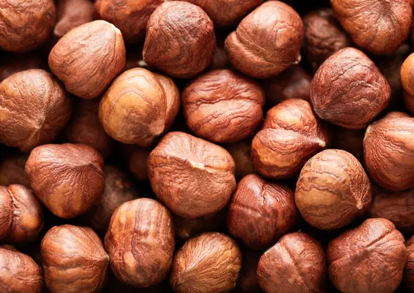 Raw Peeled Whole Hazelnut Nuts Top View Macro Background — Stock Photo, Image