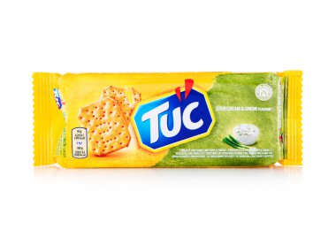 LONDON,UK - MAY 25, 2025 : Pack of Tuc biscuit crackers with sour cream and onion flavour on white.