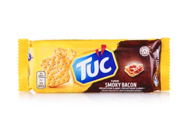 LONDON,UK - MAY 25, 2025 : Pack of Tuc biscuit crackers with bacon flavour on white.