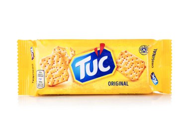 LONDON,UK - MAY 21, 2025 : Pack of original salted Tuc biscuit crackers on white.
