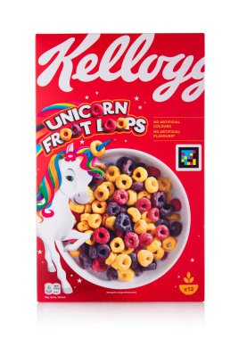 LONDON,UK - APRIL 28,2025: Box of Kellogg's Froot Loops breakfast cereal with unicorn on white background.