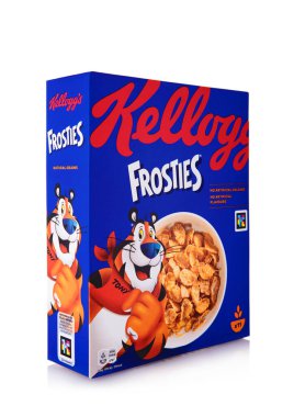 LONDON,UK - APRIL 08,2025: Box of Kellogg's Frosties breakfast cereal flakes on white.
