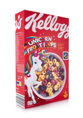 LONDON,UK - APRIL 28,2025: Box of Kellogg's Froot Loops breakfast cereal with unicorn on white.