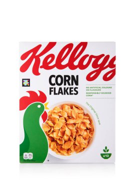 LONDON,UK - APRIL 18,2025: Box of Original Kellogg's corn flakes breakfast cereal on white.